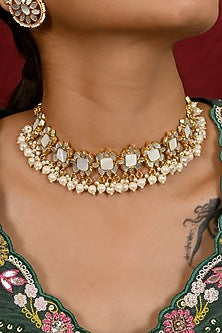 Micro Gold Finish Kundan Polki & Mother Of Pearl Choker Necklace Set