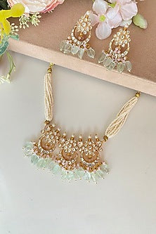 Micro Gold Finish Kundan Polki & Mint Drop Choker Necklace Set