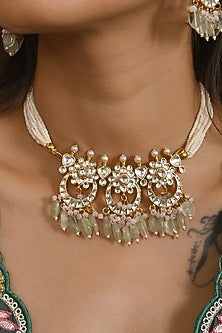 Micro Gold Finish Kundan Polki & Mint Drop Choker Necklace Set