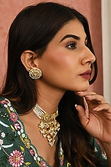 Micro Gold Finish Kundan Polki & Mother of Pearl Drop Choker Necklace Set