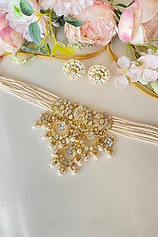 Micro Gold Finish Kundan Polki & Mother of Pearl Drop Choker Necklace Set