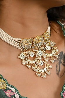 Micro Gold Finish Kundan Polki & Mother of Pearl Drop Choker Necklace Set