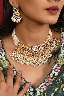 Micro Gold Finish Kundan Polki & Mother of Pearl Drop Choker Necklace Set