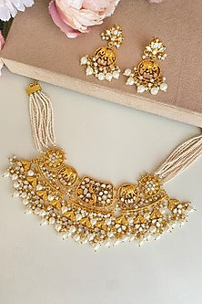 Micro Gold Finish Kundan Polki & Mother of Pearl Drop Choker Necklace Set