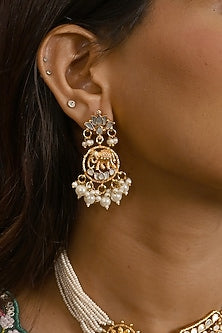 Micro Gold Finish Kundan Polki & Mother of Pearl Drop Choker Necklace Set
