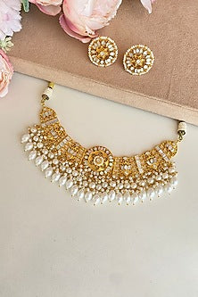 Micro Gold Finish Kundan Polki & Mother of Pearl Drop Choker Necklace Set