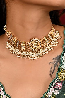 Micro Gold Finish Kundan Polki & Mother of Pearl Drop Choker Necklace Set