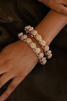 Micro Gold Finish Kundan Polki & Pearl Bangles (Set Of 2)
