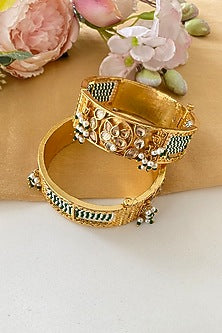 Micro Gold Finish Kundan Polki & Green Stone Bangles (Set Of 2)