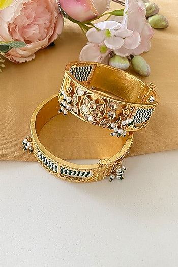 Micro Gold Finish Kundan Polki & Green Stone Bangles (Set Of 2)