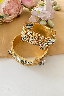 Micro Gold Finish Kundan Polki & Green Stone Bangles (Set Of 2)