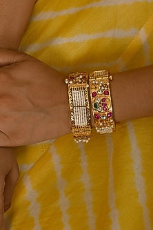 Micro Gold Finish Kundan Polki & Pink Stone Bangles (Set Of 2)