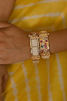 Micro Gold Finish Kundan Polki & Pink Stone Bangles (Set Of 2)