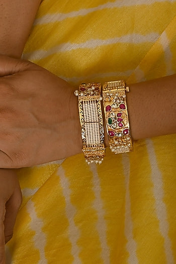 Micro Gold Finish Kundan Polki & Pink Stone Bangles (Set Of 2)