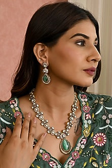 Micro Gold Finish Kundan Polki & Mint Stone Long Necklace Set