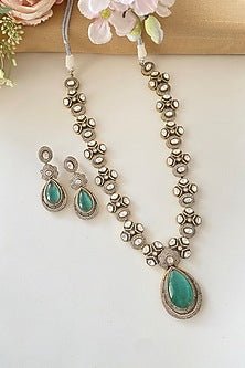 Micro Gold Finish Kundan Polki & Mint Stone Long Necklace Set