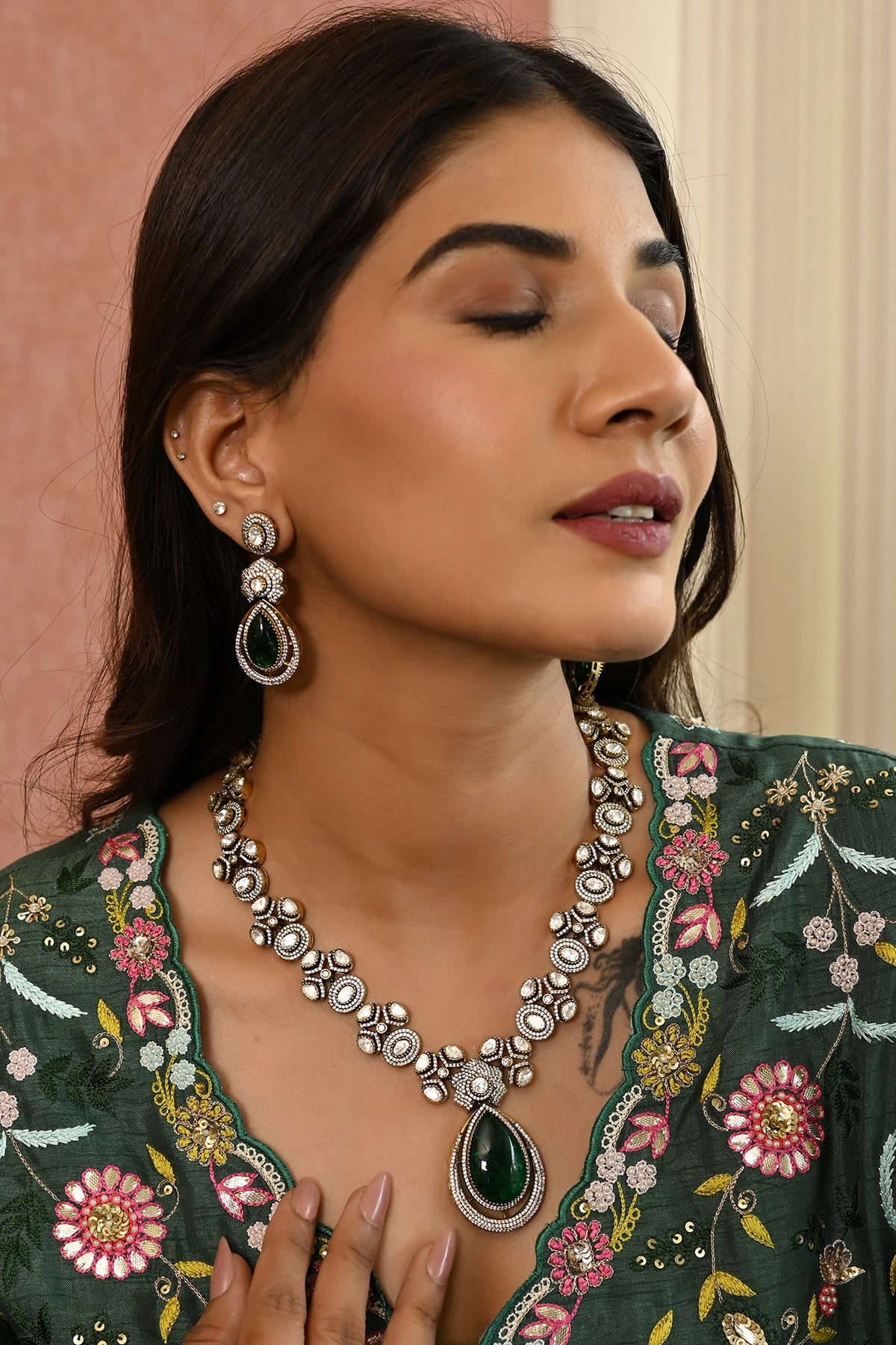 Micro Gold Finish Kundan Polki & Mint Stone Long Necklace Set