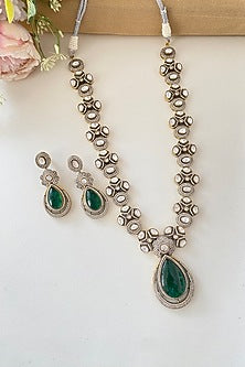 Micro Gold Finish Kundan Polki & Mint Stone Long Necklace Set
