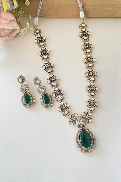 Micro Gold Finish Kundan Polki & Mint Stone Long Necklace Set