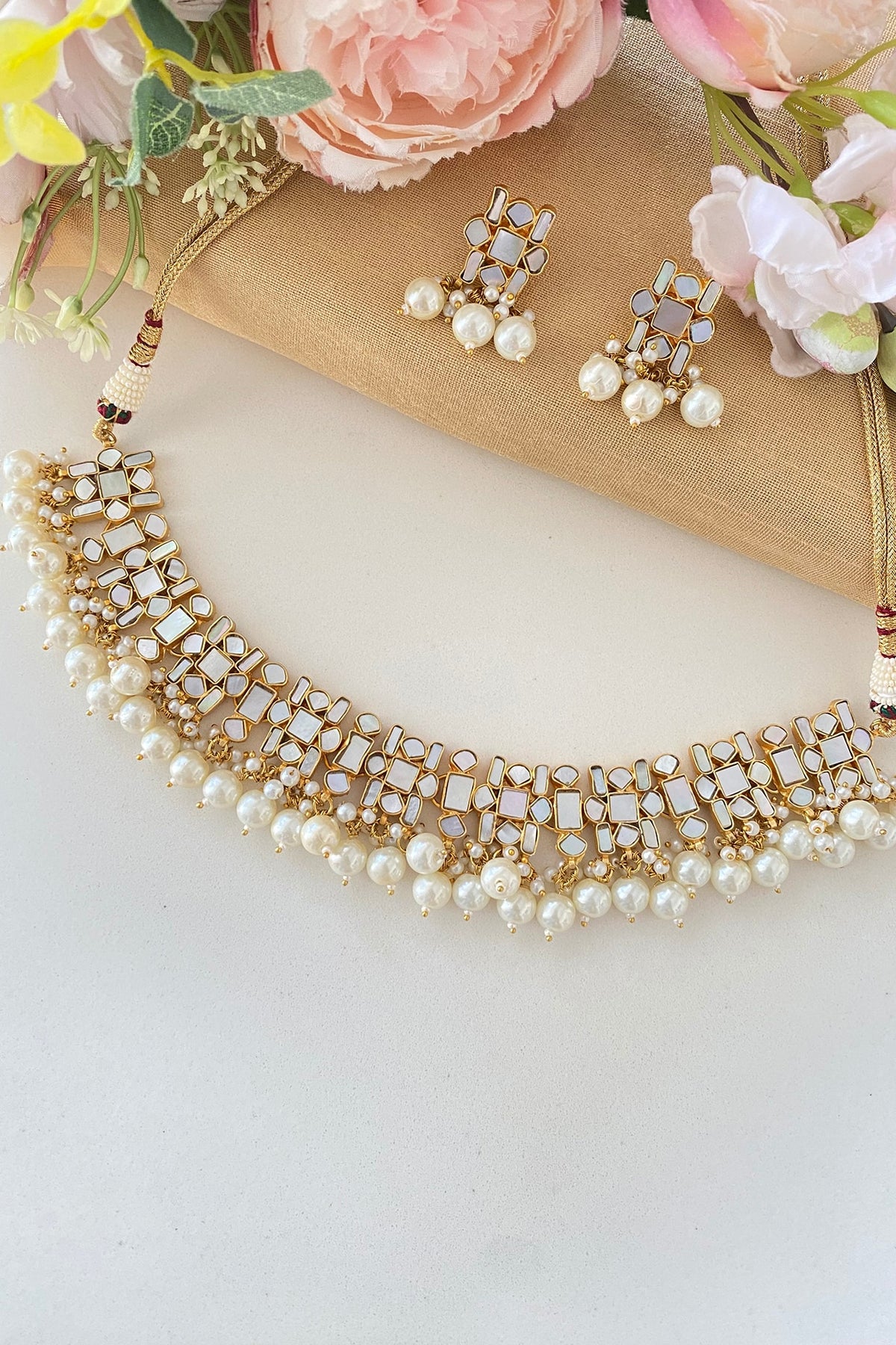 Micro Gold Finish Kundan Polki & Mother Of Pearl Choker Necklace Set