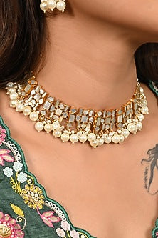 Micro Gold Finish Kundan Polki & Mother Of Pearl Choker Necklace Set