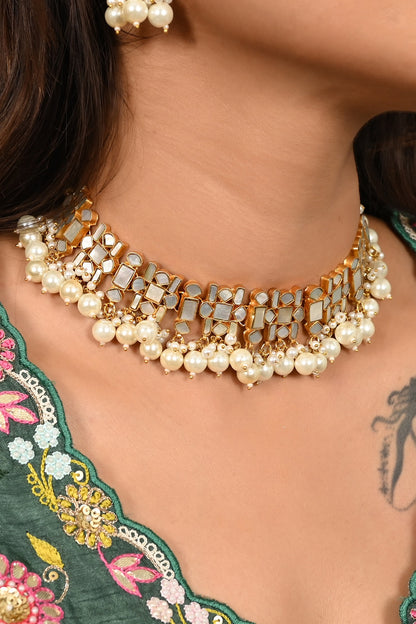 Micro Gold Finish Kundan Polki & Mother Of Pearl Choker Necklace Set