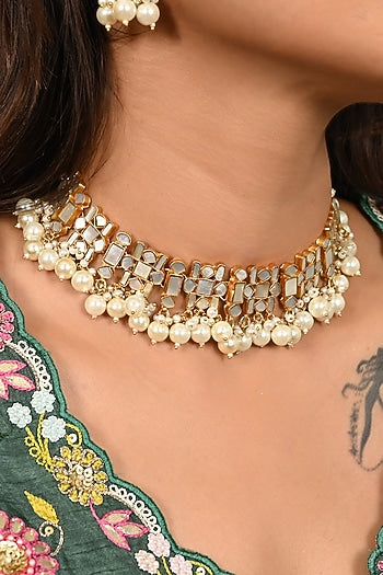 Micro Gold Finish Kundan Polki & Mother Of Pearl Choker Necklace Set