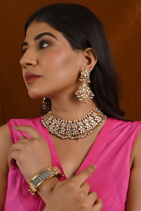 Micro Gold Finish Kundan Polki & Green Pearl Necklace Set