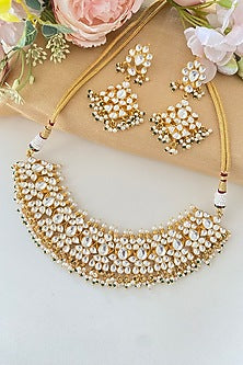 Micro Gold Finish Kundan Polki & Green Pearl Necklace Set