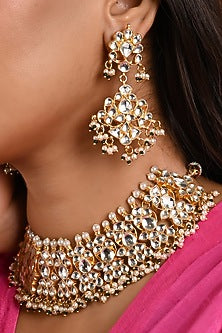 Micro Gold Finish Kundan Polki & Green Pearl Necklace Set