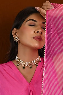 Micro Gold Finish Kundan Polki & Green Drop Choker Necklace Set