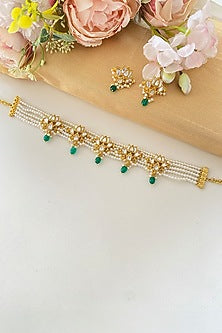 Micro Gold Finish Kundan Polki & Green Drop Choker Necklace Set