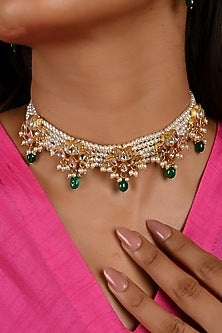 Micro Gold Finish Kundan Polki & Green Drop Choker Necklace Set