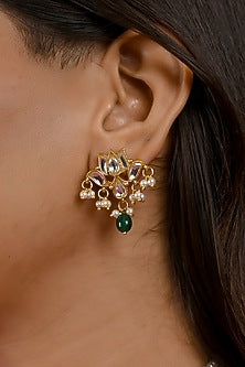 Micro Gold Finish Kundan Polki & Green Drop Choker Necklace Set