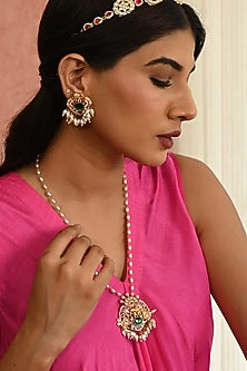Micro Gold Finish Kundan Polki & Navratna Stone Long Necklace Set