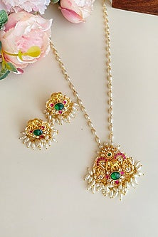 Micro Gold Finish Kundan Polki & Navratna Stone Long Necklace Set