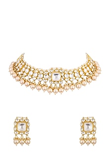 Gold Finish Pearl Drop Choker Necklace Set