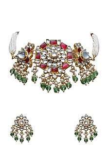 Gold Finish Choker Necklace Set With Mint Stone Drops