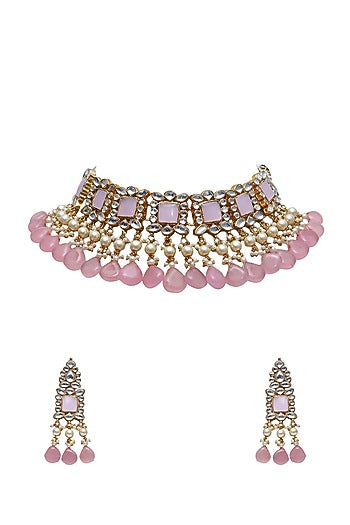 Gold Finish Choker Necklace Set With Light Pink Stones