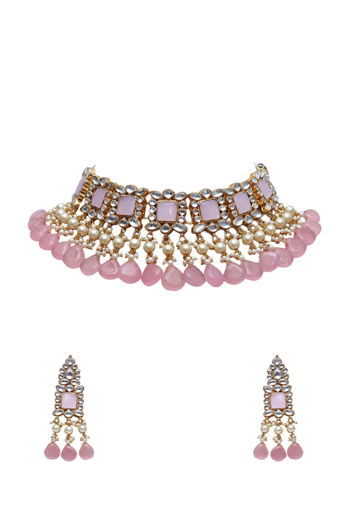 Gold Finish Choker Necklace Set With Light Pink Stones