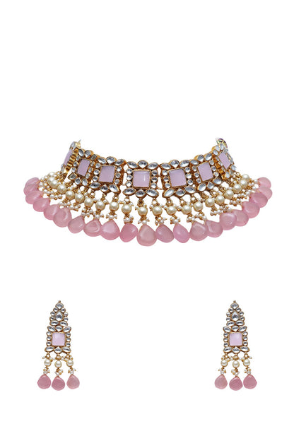 Gold Finish Choker Necklace Set With Light Pink Stones