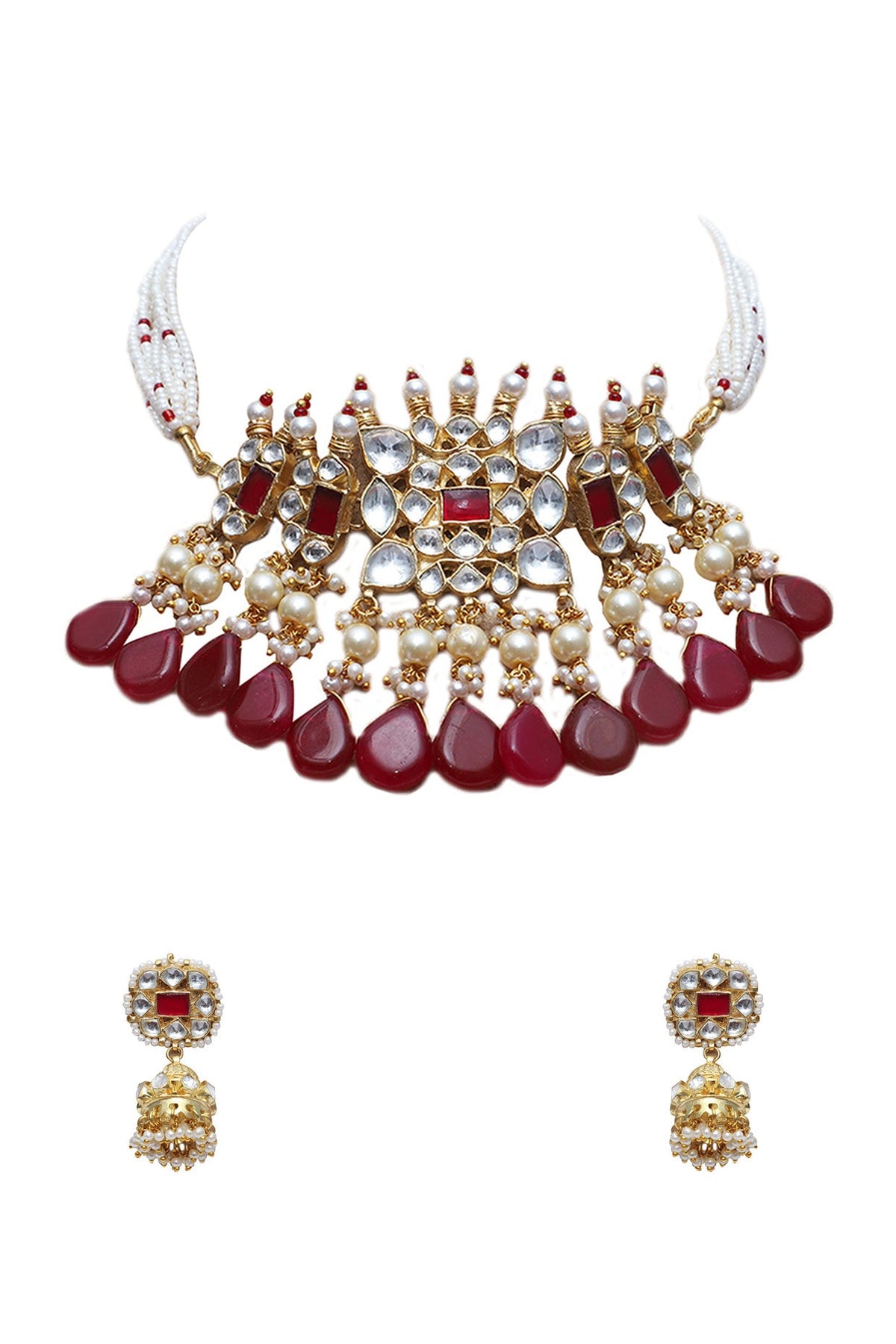 Gold Finish Choker Necklace Set With Red Stones