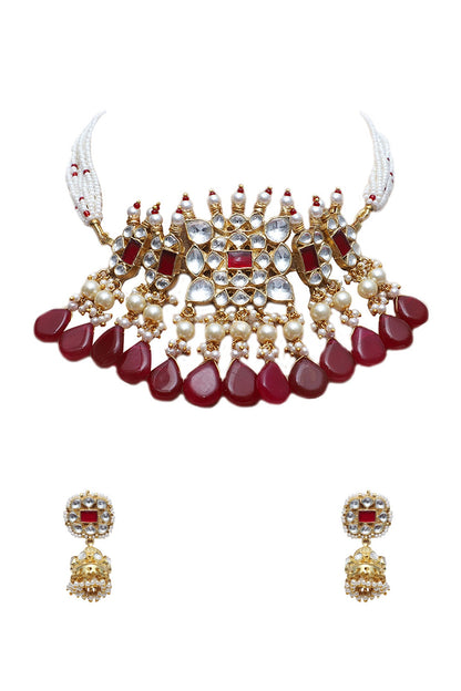 Gold Finish Choker Necklace Set With Red Stones