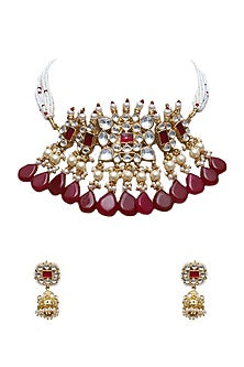 Gold Finish Choker Necklace Set With Red Stones