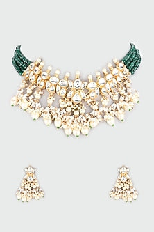 Gold Finish Kundan Polki & Beads Choker Necklace Set