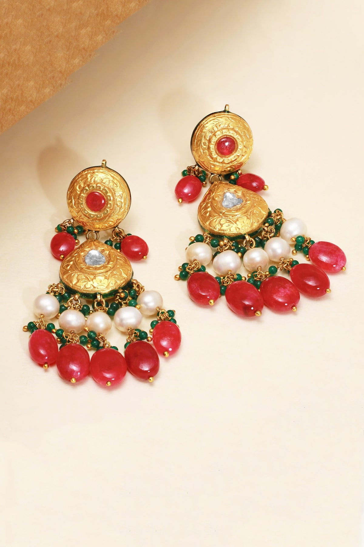 18kt Yellow Gold Finish Kundan Polki & Red Stone Dangler Earrings