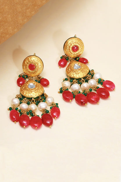 18kt Yellow Gold Finish Kundan Polki & Red Stone Dangler Earrings