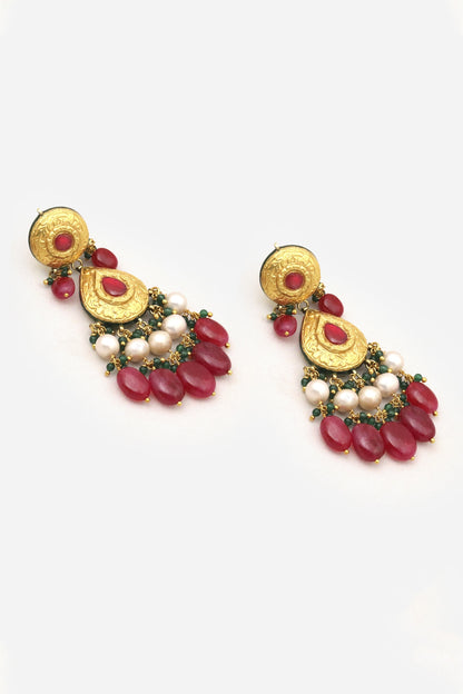 18kt Yellow Gold Finish Kundan Polki & Red Stone Dangler Earrings