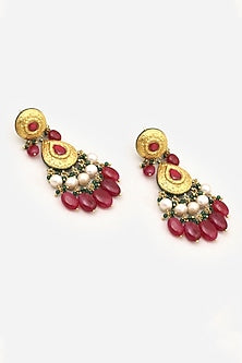 18kt Yellow Gold Finish Kundan Polki & Red Stone Dangler Earrings