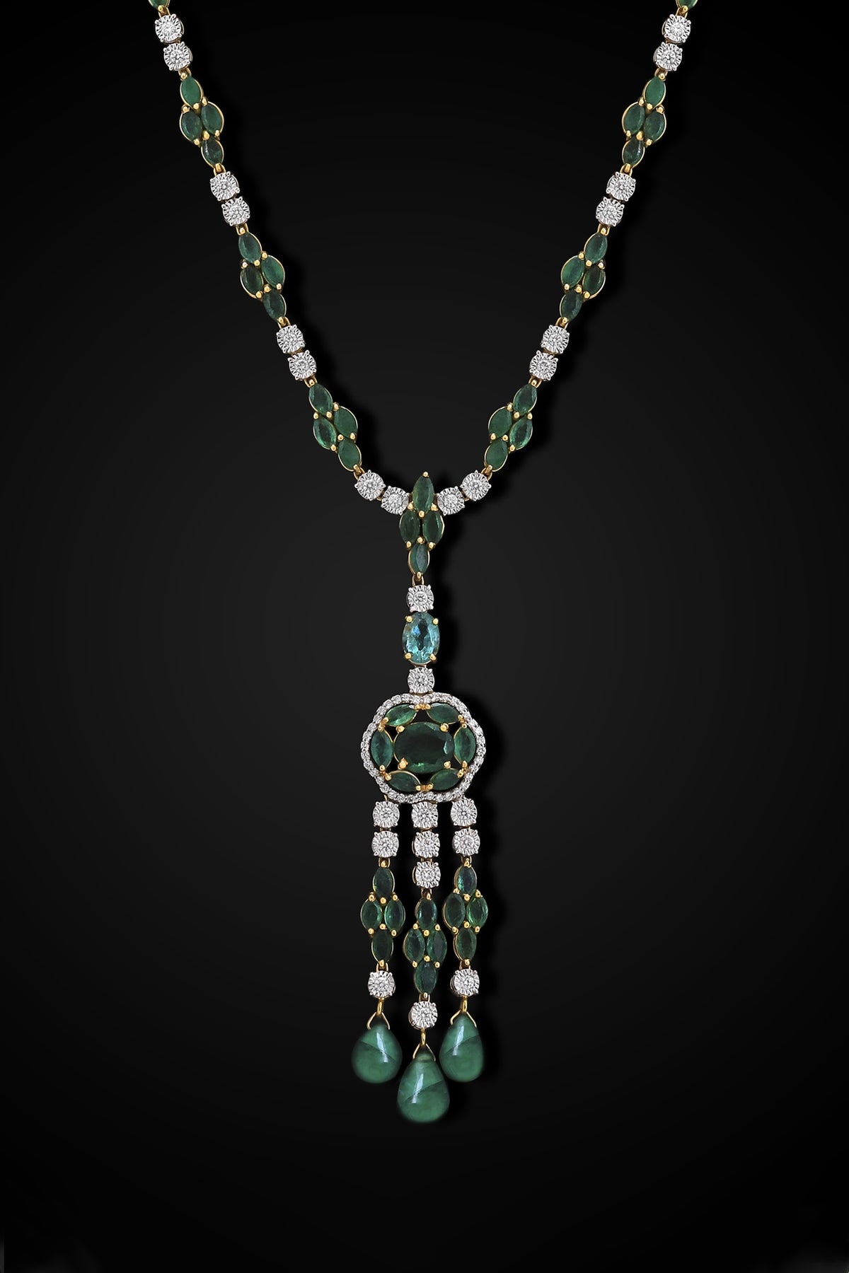 14kt Yellow Gold Finish Diamond & Green Stone Long Necklace